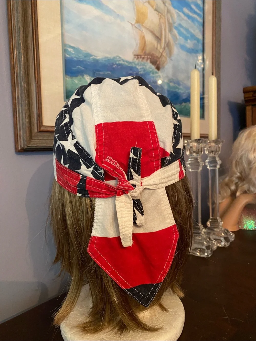 ! Patriotic Biker’s Fly_Danna bandana under helmet in good condition